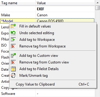exiftoolgui pop-up menu metadata panel